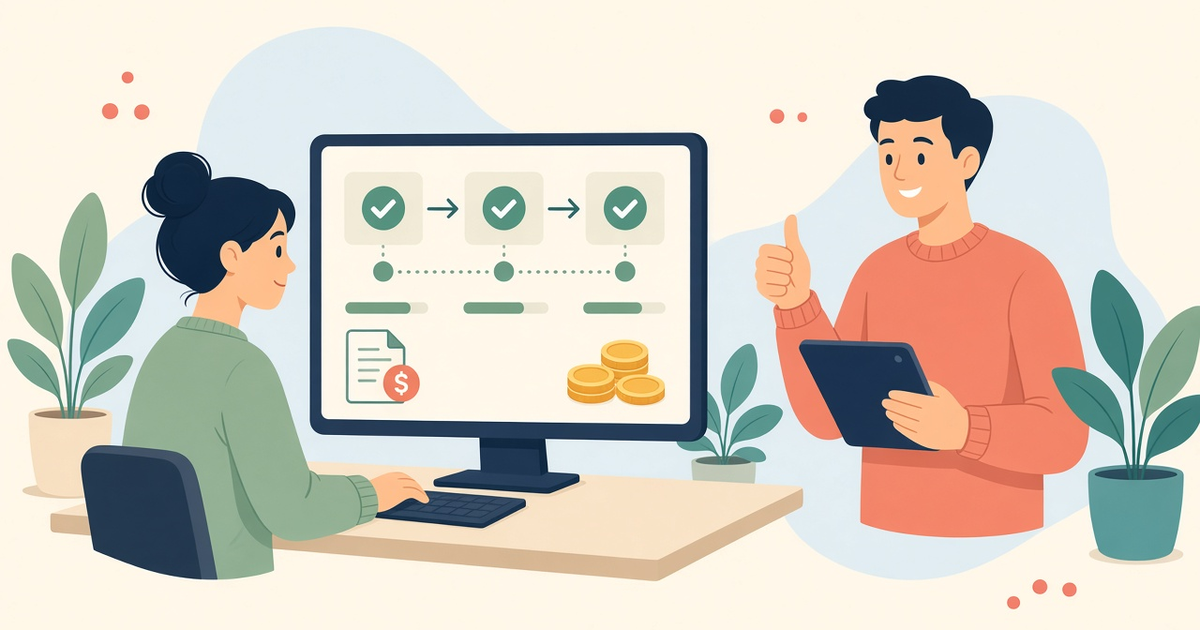 Agency team member at a desk reviewing an approval flow on screen, with request cards moving through checked stages, a budget bar, an invoice and coins, while a colleague with a tablet gives a thumbs-up