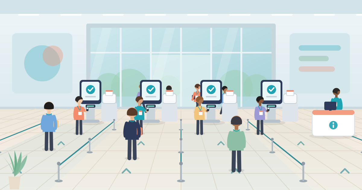 Illustration of delegates scanning QR codes at self check-in kiosks beside badge printers, with a help desk to one side