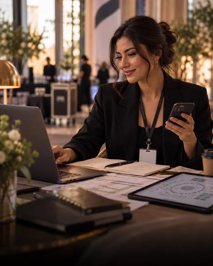 Event manager working at a desk